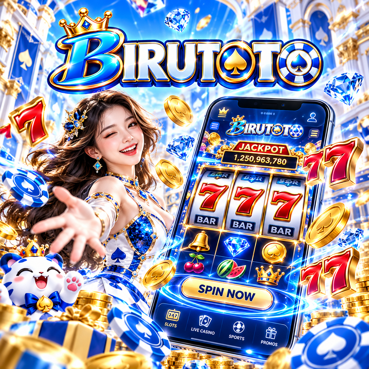 Ilustrasi permainan slot BIRUTOTO pada layar ponsel dengan simbol berlian dan angka tujuh